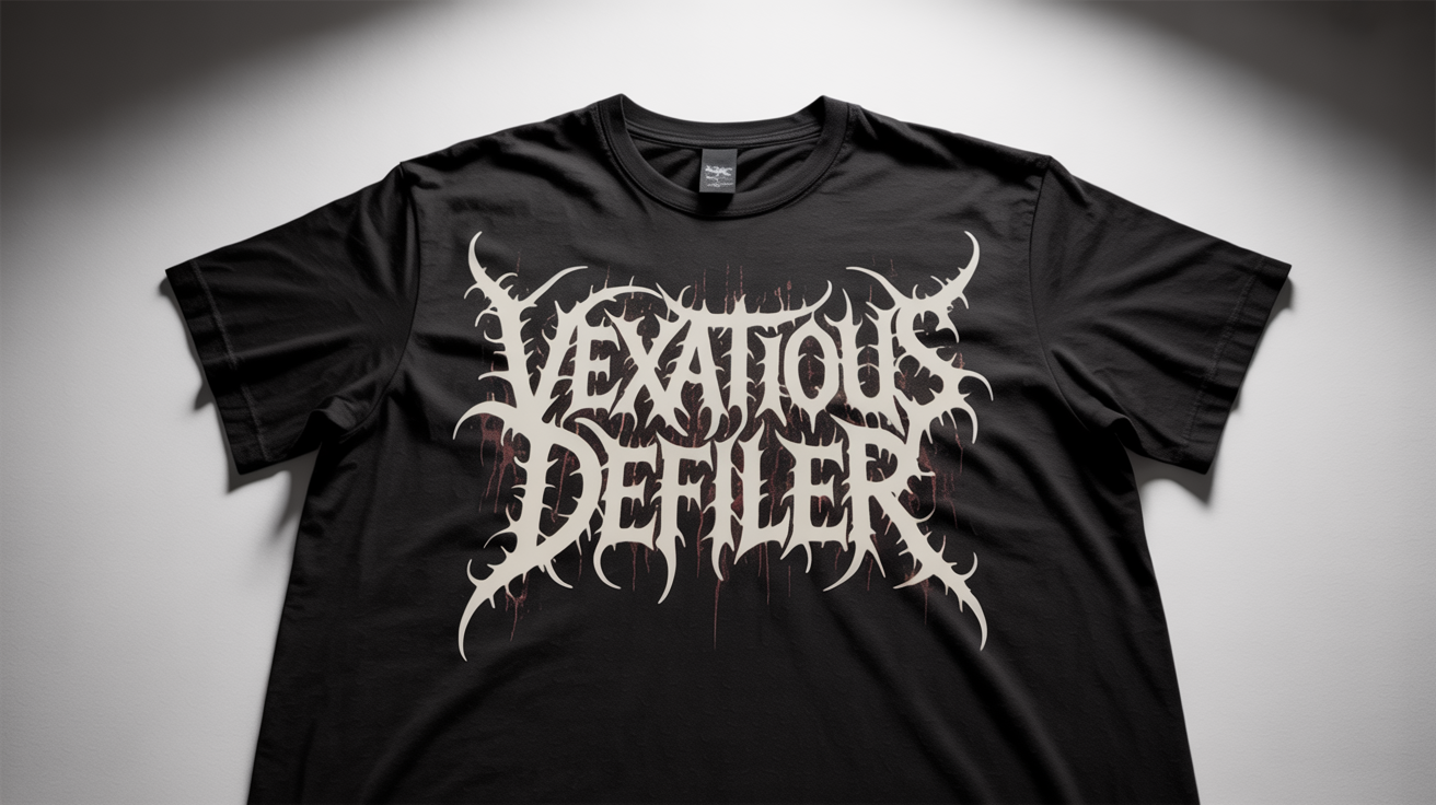 A photorealistic mockup of a black t-shirt featuring an intricate, white and red death metal logo for the fictional band 'VEXATIOUS DEFILER', set against a plain white background.