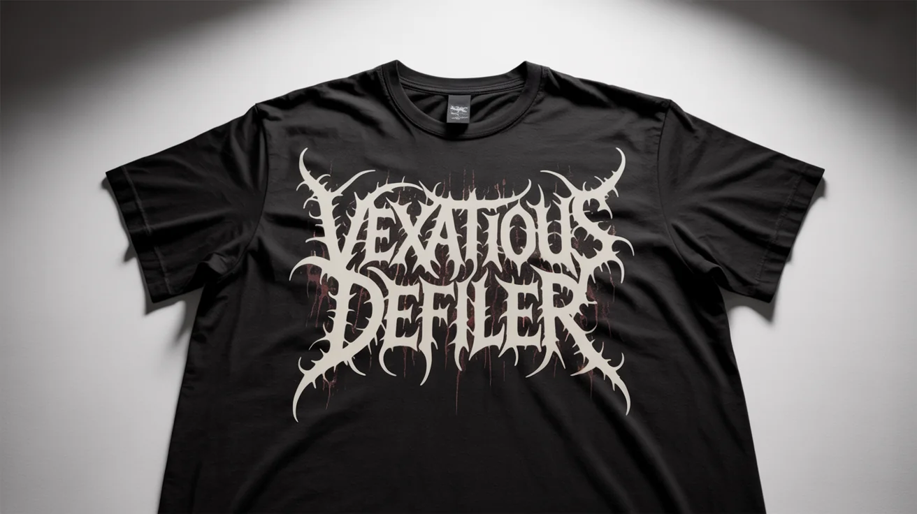 A photorealistic mockup of a black t-shirt featuring an intricate, white and red death metal logo for the fictional band 'VEXATIOUS DEFILER', set against a plain white background.
