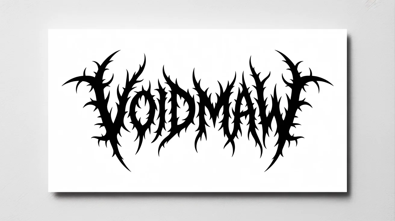 A mockup of a brutal death metal logo for the fictional band 'VOIDMAW', featuring jagged, thorny, black letters on a clean white background.