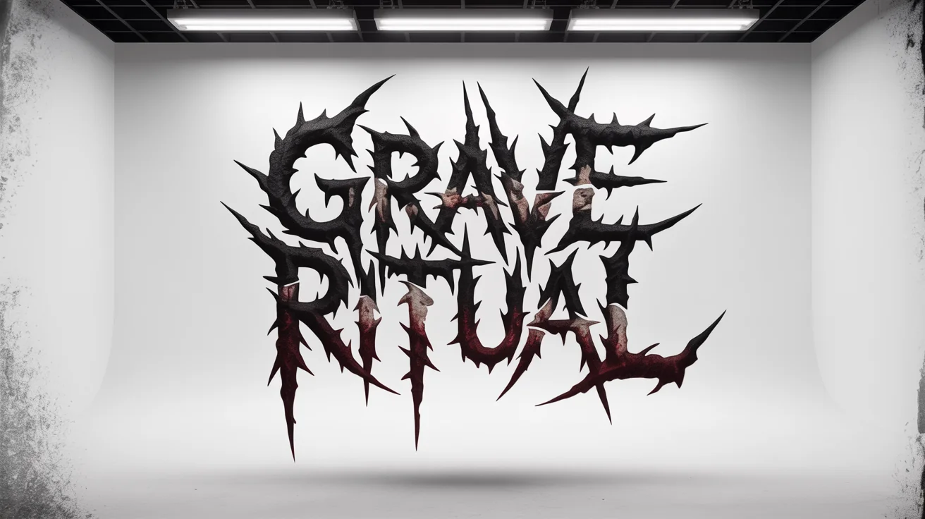A mockup of a death metal logo for the fictional band 'Grave Ritual', featuring spiky, illegible lettering made of roots and bones, set against a clean white background.