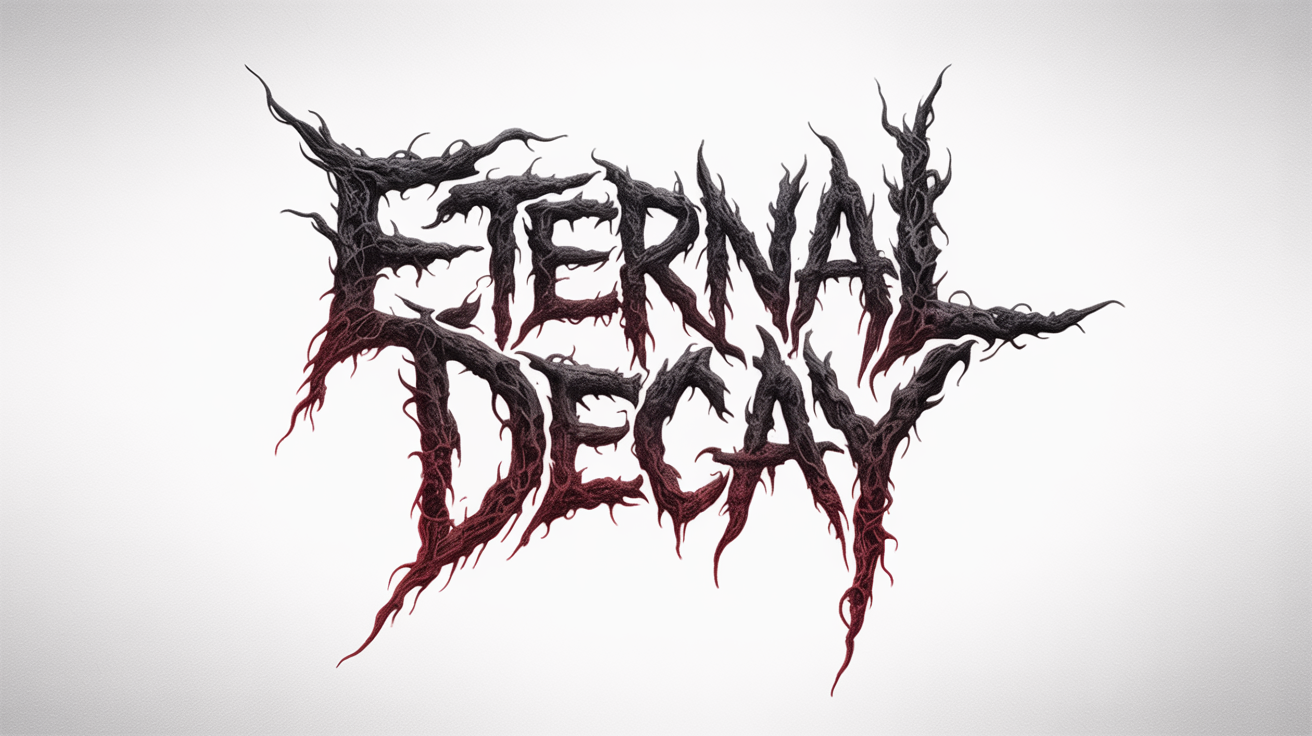 A brutal death metal logo mockup for the band name 'ETERNAL DECAY' on a white background, featuring spiky, illegible, and gnarled black lettering.
