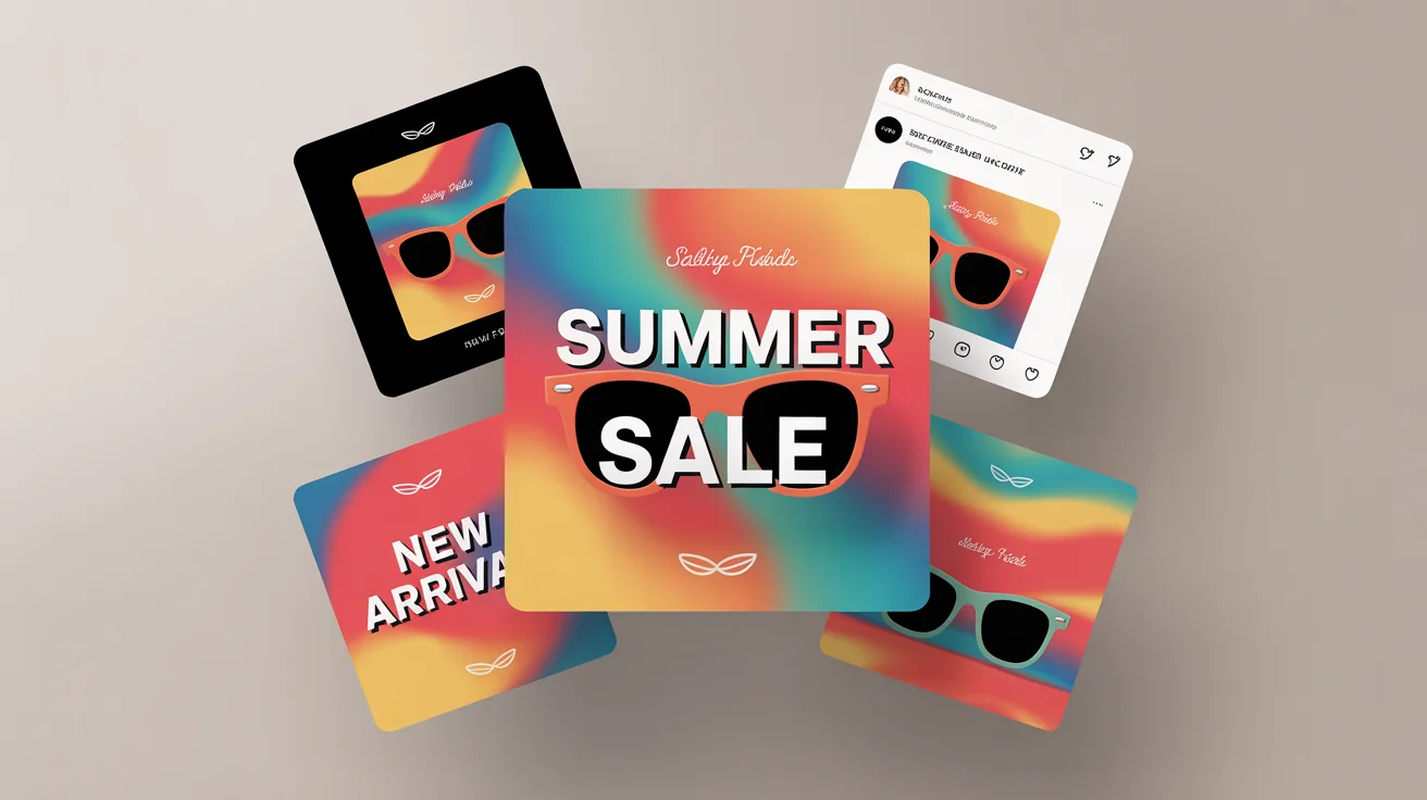 A collection of professionally designed social media post graphics for a summer sale, displayed as a final result. The main post features the text 'SUMMER SALE' over a colorful background.