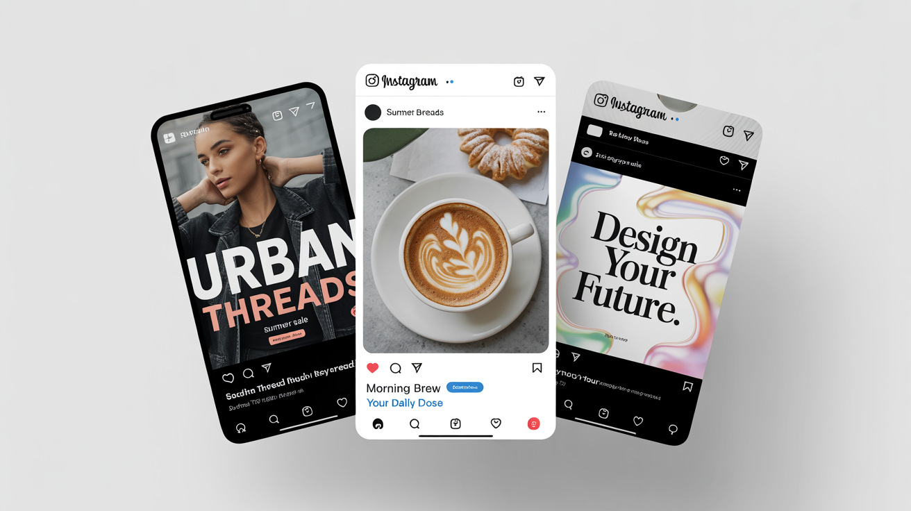 A collection of professionally designed social media post mockups for fashion, food, and motivational content, displayed against a white background.