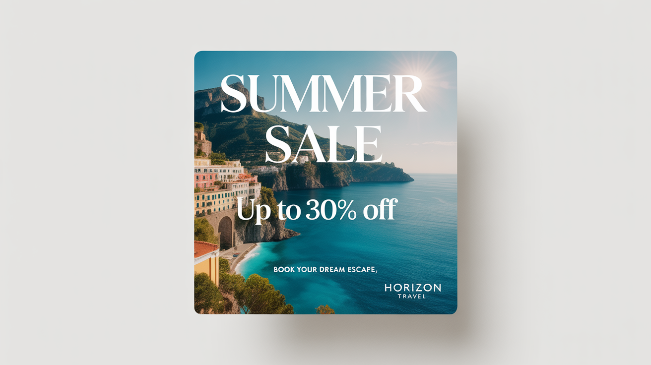 A mockup of a beautifully designed social media post for a travel agency's summer sale, featuring a picture of the Amalfi Coast. The text on the post says 'SUMMER SALE' and 'Book Your Dream Escape'.
