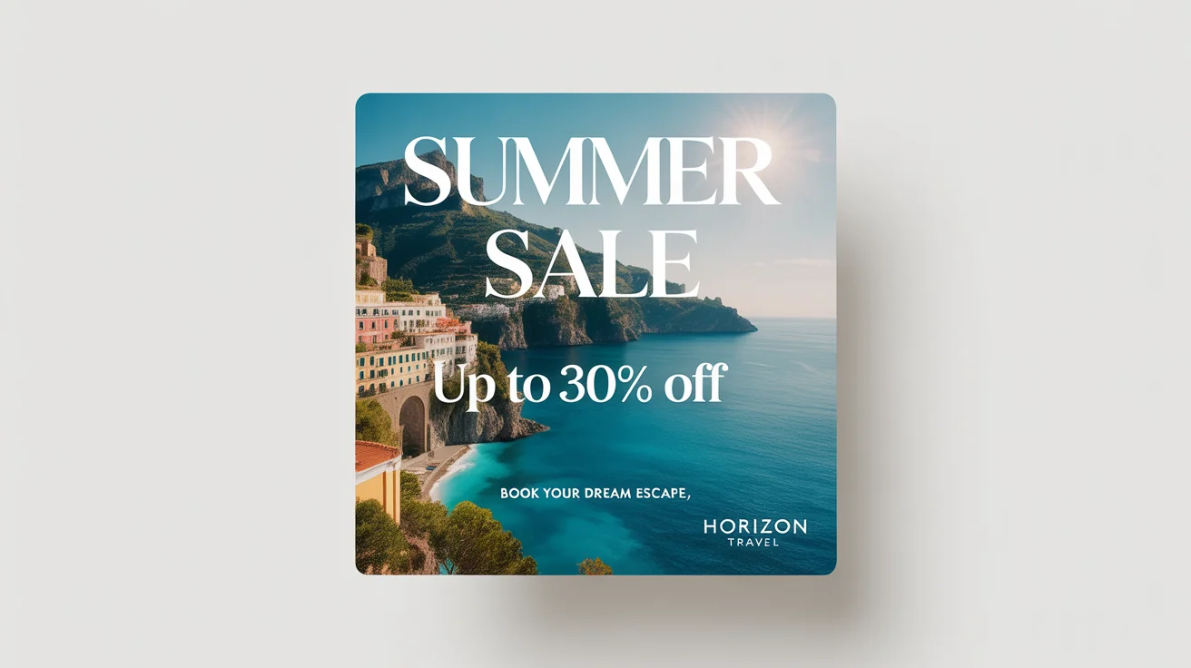 A mockup of a beautifully designed social media post for a travel agency's summer sale, featuring a picture of the Amalfi Coast. The text on the post says 'SUMMER SALE' and 'Book Your Dream Escape'.