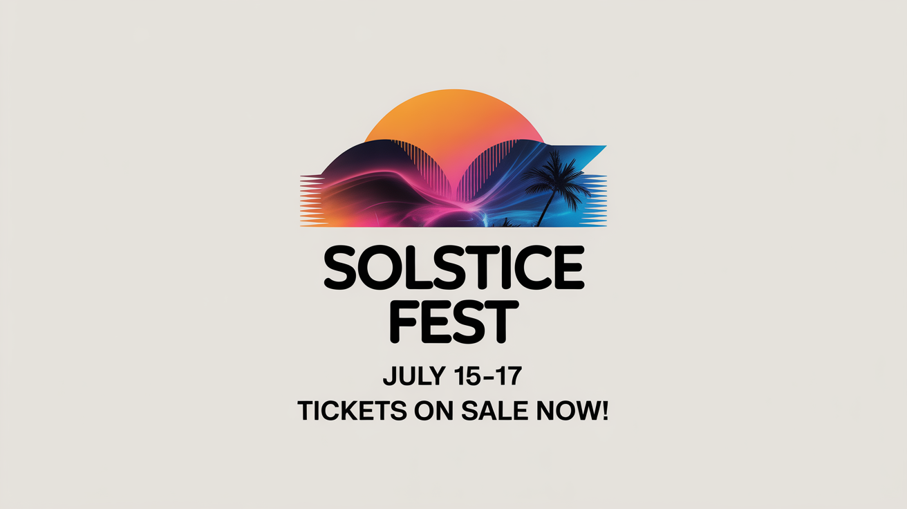 A mockup of a colorful social media post for a fictional music festival called 'Solstice Fest', showing the event dates and ticket sale announcement.