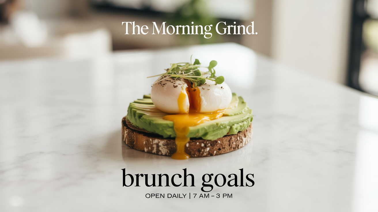 A mockup of a social media post for a cafe called 'The Morning Grind', featuring a picture of avocado toast and the text 'Brunch Goals'.