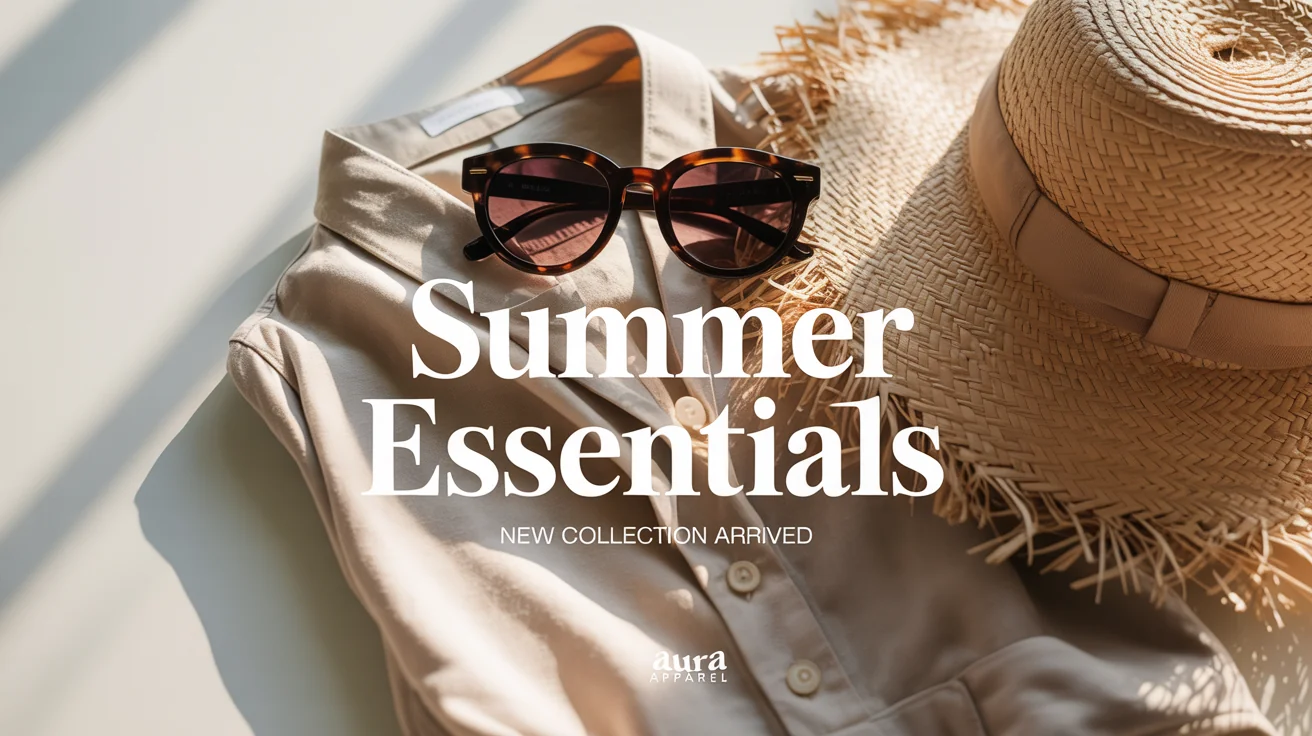 A mockup of a chic social media post for a fashion brand named 'Aura Apparel', featuring a flat lay of summer accessories and text that reads 'Summer Essentials, New Collection Arrived'.