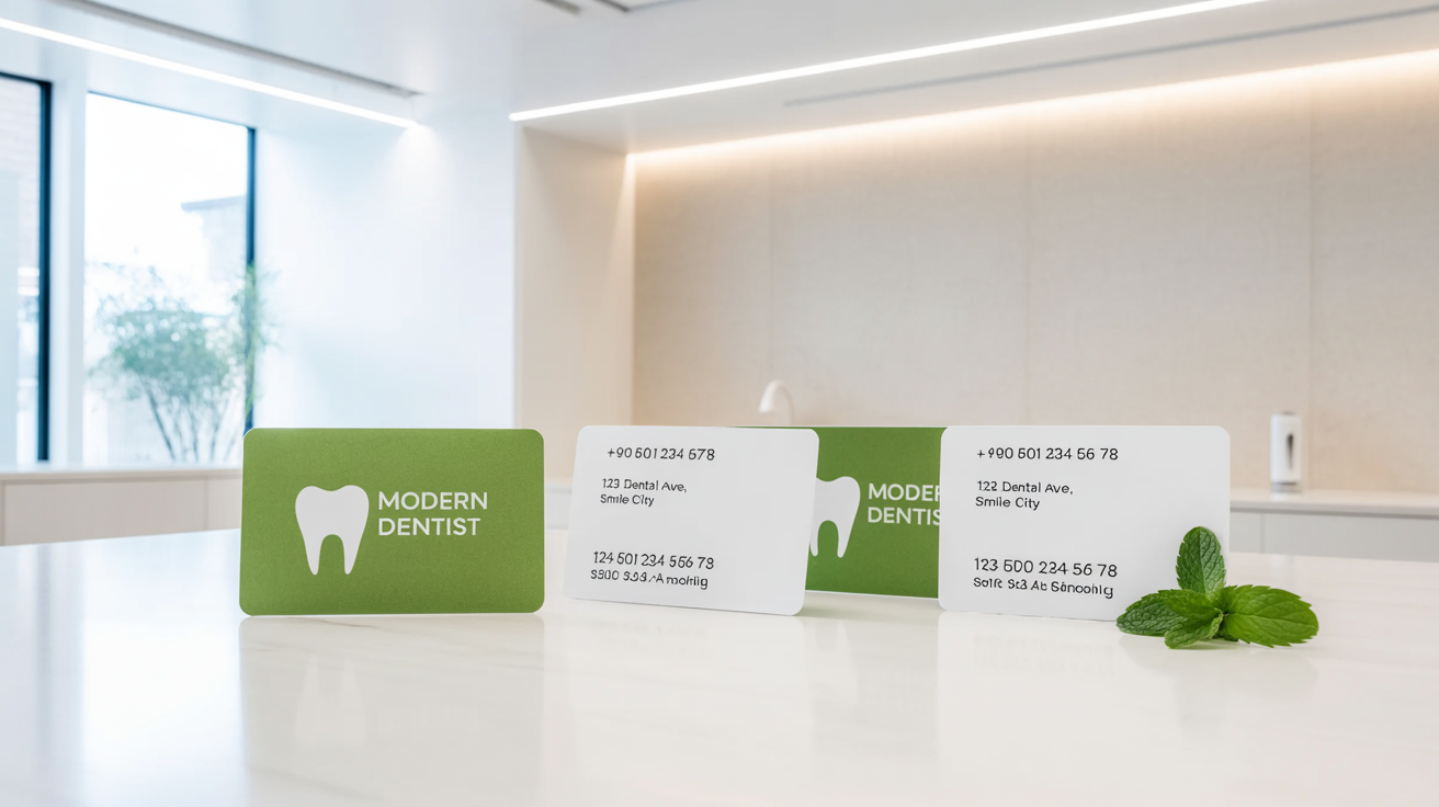 A professional mockup of modern dentist business cards laid out on a white surface, showing a green and white design with a tooth logo and the name 'MODERN DENTIST' on the front, and contact details on the back.
