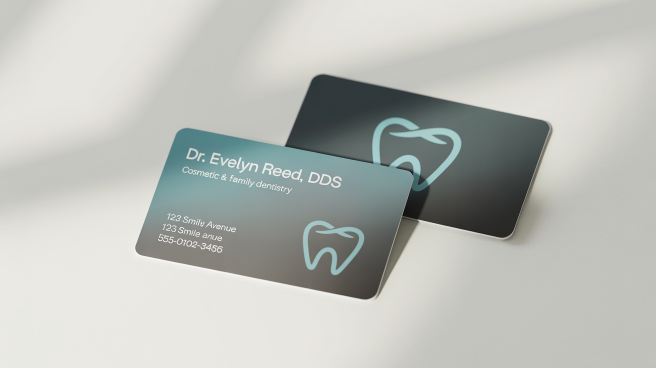 A mockup of a modern dentist's business card with a clean white design, a teal tooth logo, and professional typography for 'Dr. Evelyn Reed, DDS'.