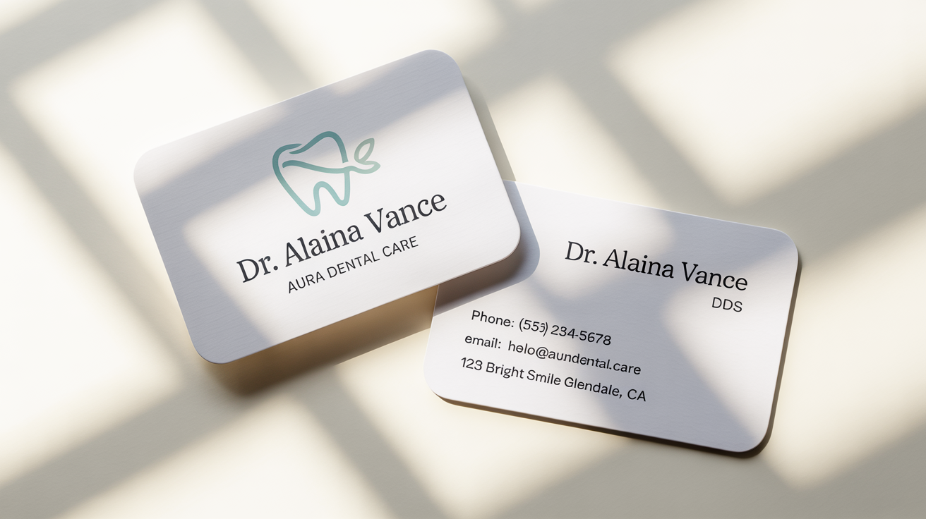 A modern dentist business card for 'Aura Dental Care' showing the name 'Dr. Alaina Vance', with a minimalist mint green logo on a white background.