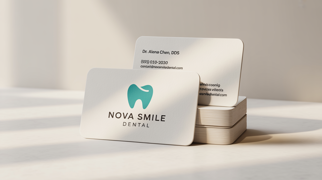 A professional mockup of a modern dentist business card with a teal tooth logo and the name 'Nova Smile Dental' on a clean white background.