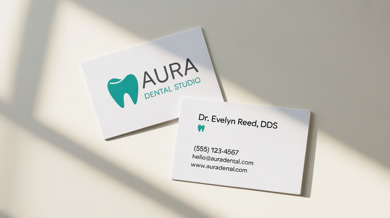 A mockup of a modern and minimalist dentist business card for 'Aura Dental Studio', showing the front with a teal tooth logo and the back with contact information for Dr. Evelyn Reed.