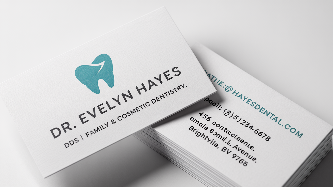 A mockup of two modern dentist business cards for 'Dr. Evelyn Hayes', featuring a clean, minimalist design with a teal tooth logo, displayed on a white background.