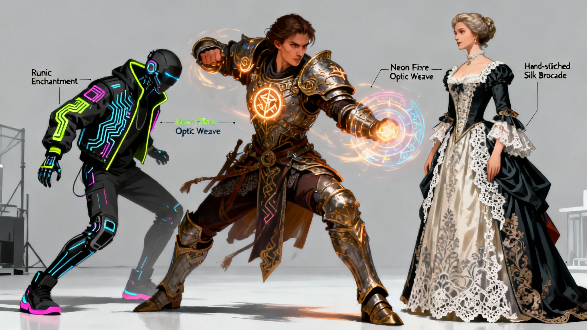 A collection of three professional costume design illustrations: a central fantasy mage, a cyberpunk hacker to the left, and a Victorian duchess to the right, all presented as final concept art.