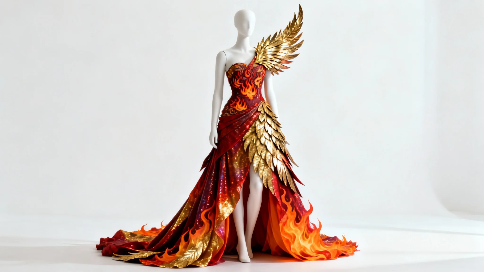 A stunning fantasy costume design of a firebird-inspired gown on a mannequin, featuring iridescent red and gold fabrics and feather-like details, set against a plain white background.