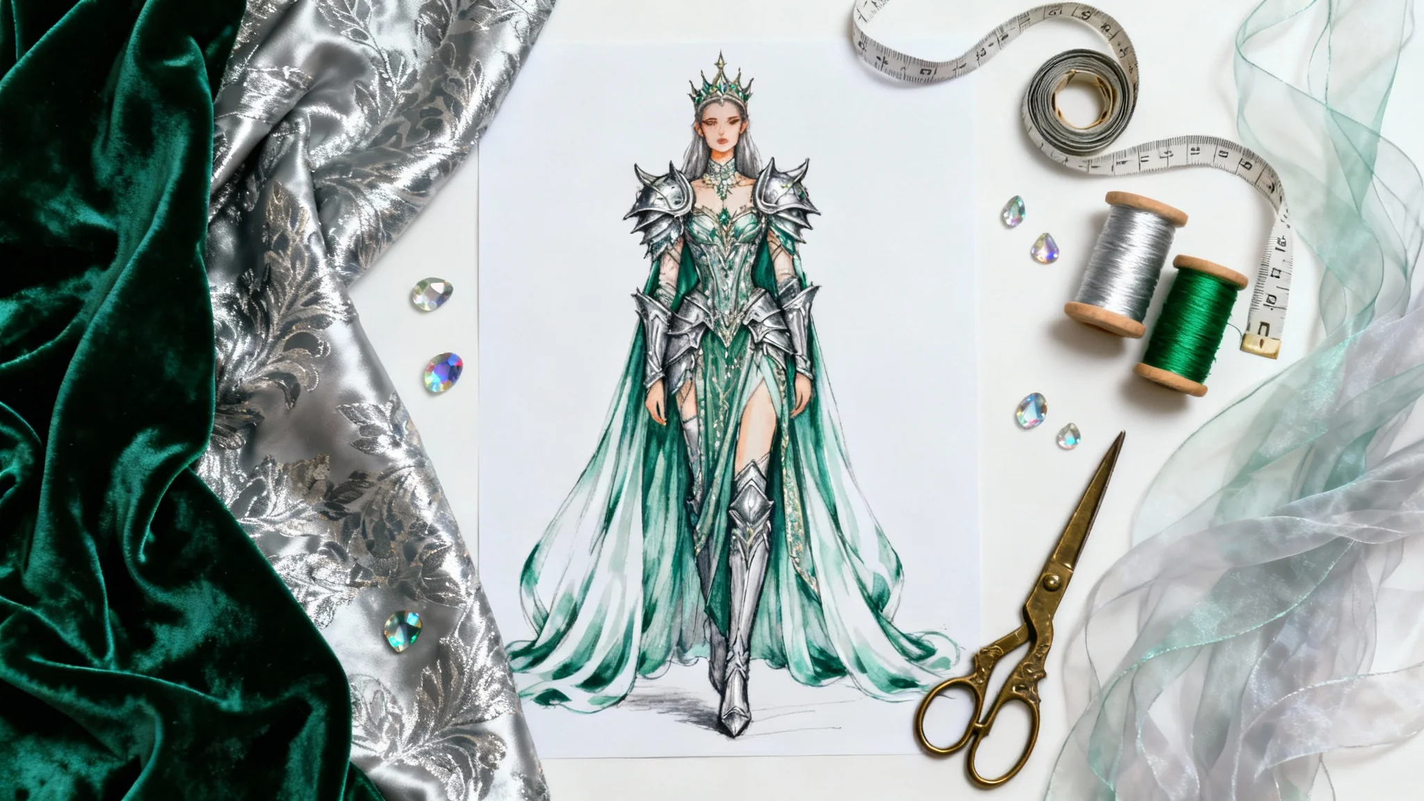 A flat lay of costume design tools on a white background, including a detailed sketch of a fantasy costume, swatches of green and silver fabric, scissors, and thread, representing the creative process of costume design.