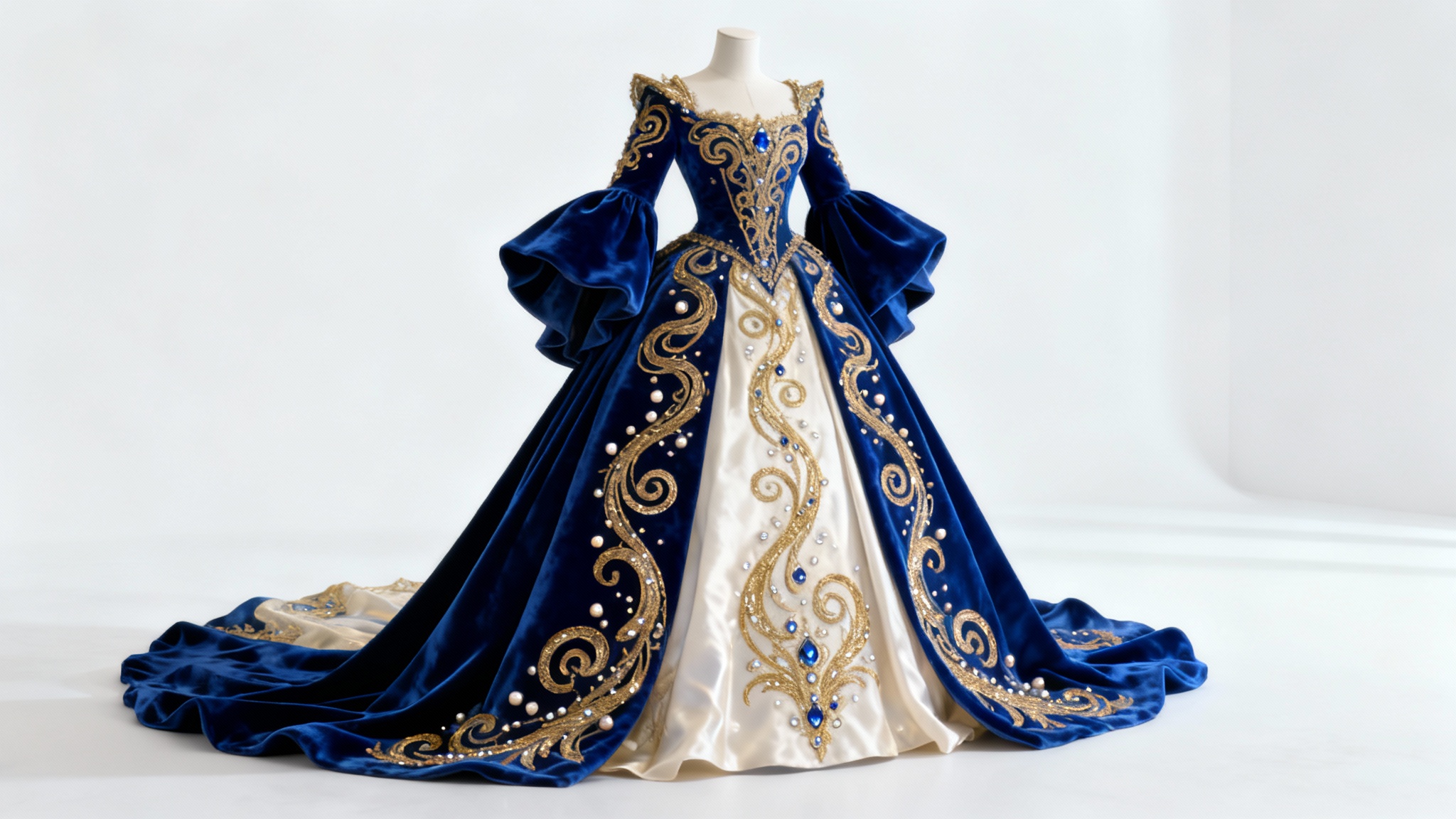 A beautifully designed fantasy queen's gown in royal blue and ivory, featuring intricate gold embroidery and jewels, displayed against a white background.
