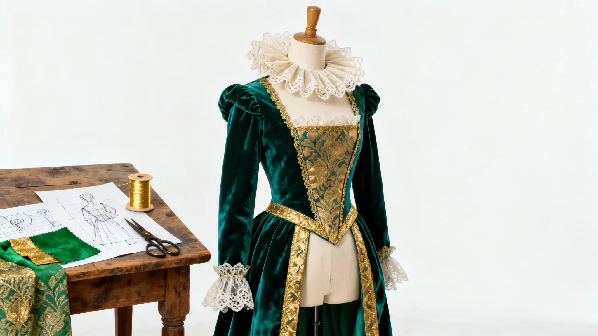 A high-fashion mockup of a costume designer's studio, featuring an elaborate green and gold Venetian costume on a mannequin next to design sketches and fabric swatches.
