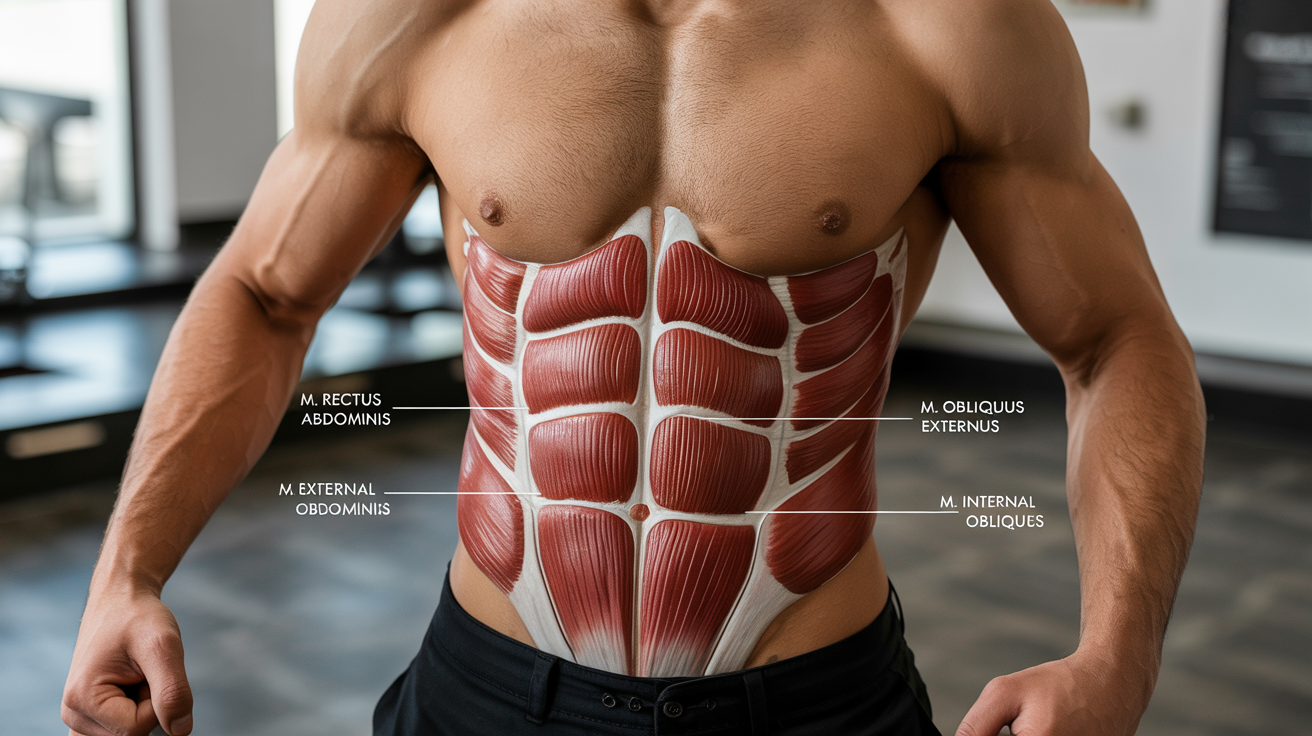 A detailed medical illustration of the male abdominal muscles, including the rectus abdominis and obliques, overlaid on a faint photograph of a fit man's torso. Clear labels with leader lines point to the different color-coded muscle groups.