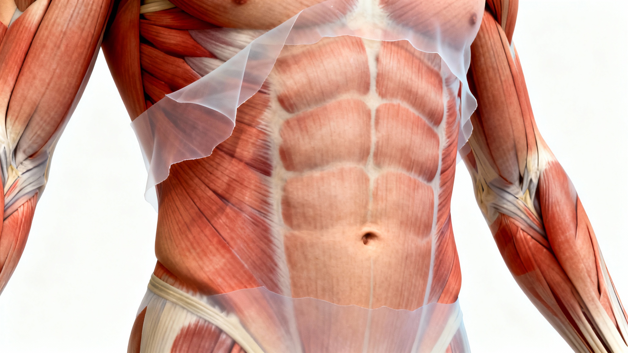 A detailed medical illustration of male abdomen anatomy, showing the different layers of abdominal muscles like the rectus abdominis and obliques in a cutaway view.