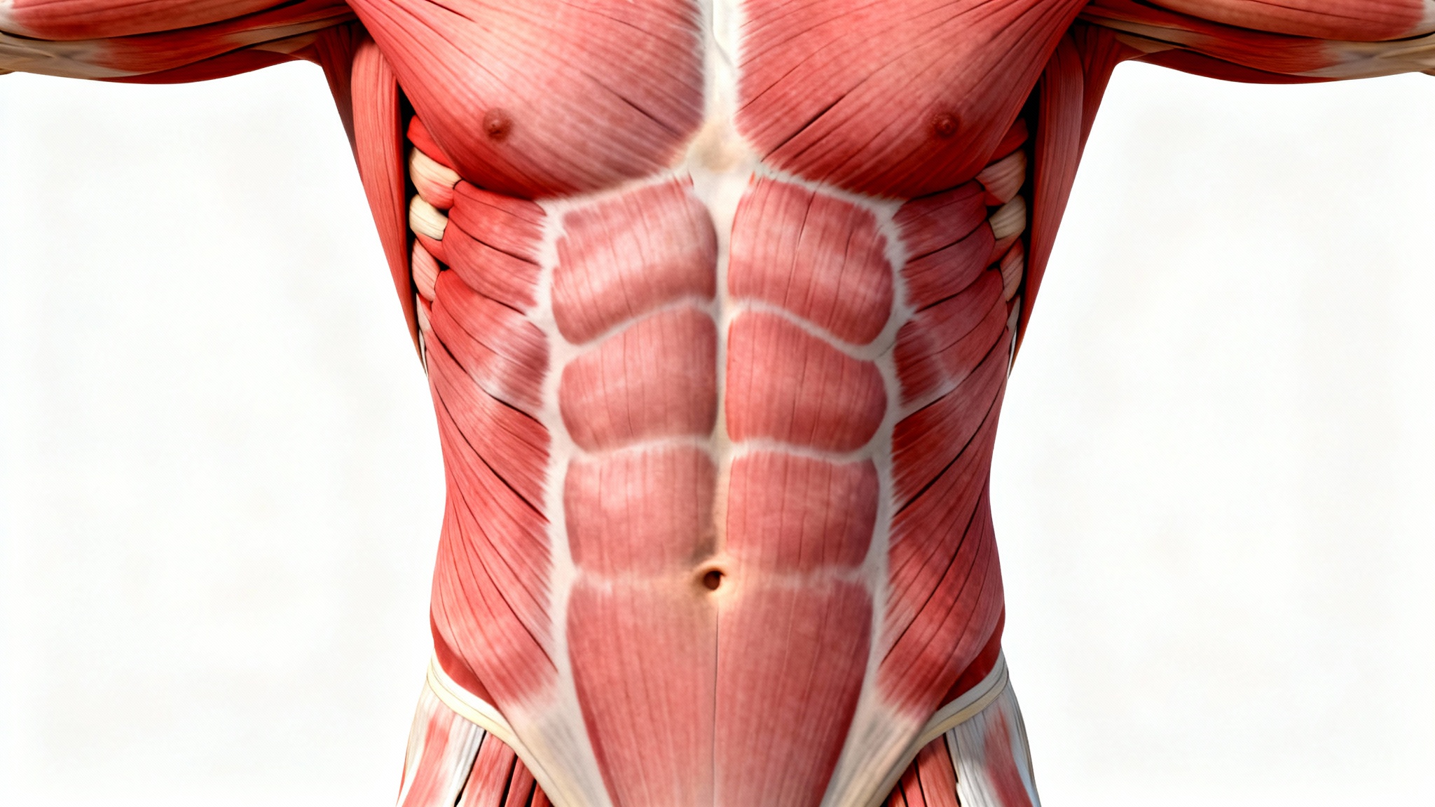 A detailed and scientifically accurate anatomical illustration of the muscles in the male abdomen, shown against a plain white background.