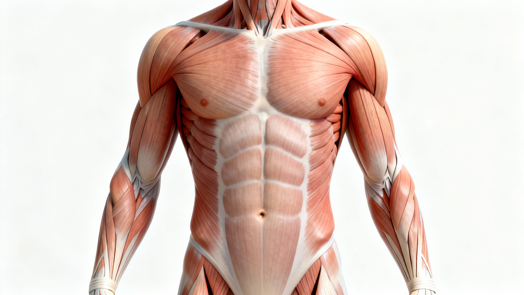 A detailed and scientifically accurate medical illustration of the muscles in the male abdomen, including the rectus abdominis and obliques, displayed on a clean white background.