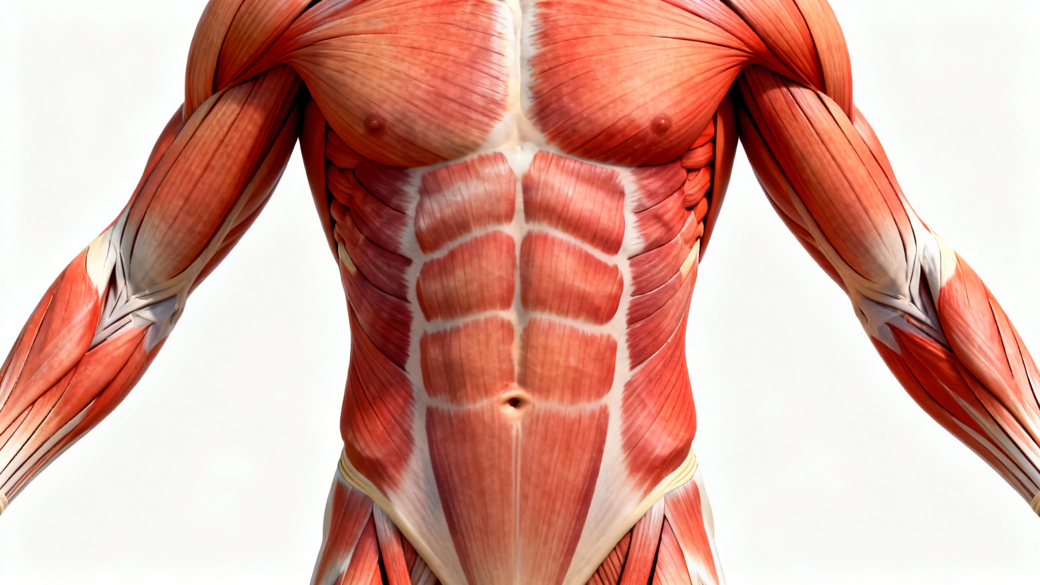 A detailed medical illustration of the male abdomen's muscle anatomy, including the rectus abdominis and obliques, shown in a clean, 3D style on a white background.