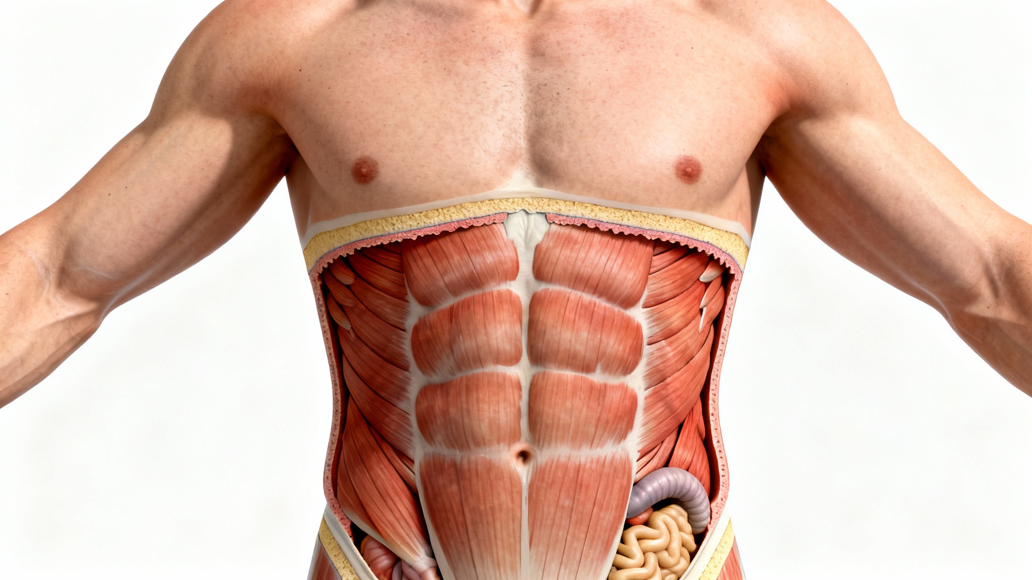 Anatomical illustration of a male abdomen, showing the layers of skin, fat, and muscles like the rectus abdominis and obliques in a detailed, scientific style.