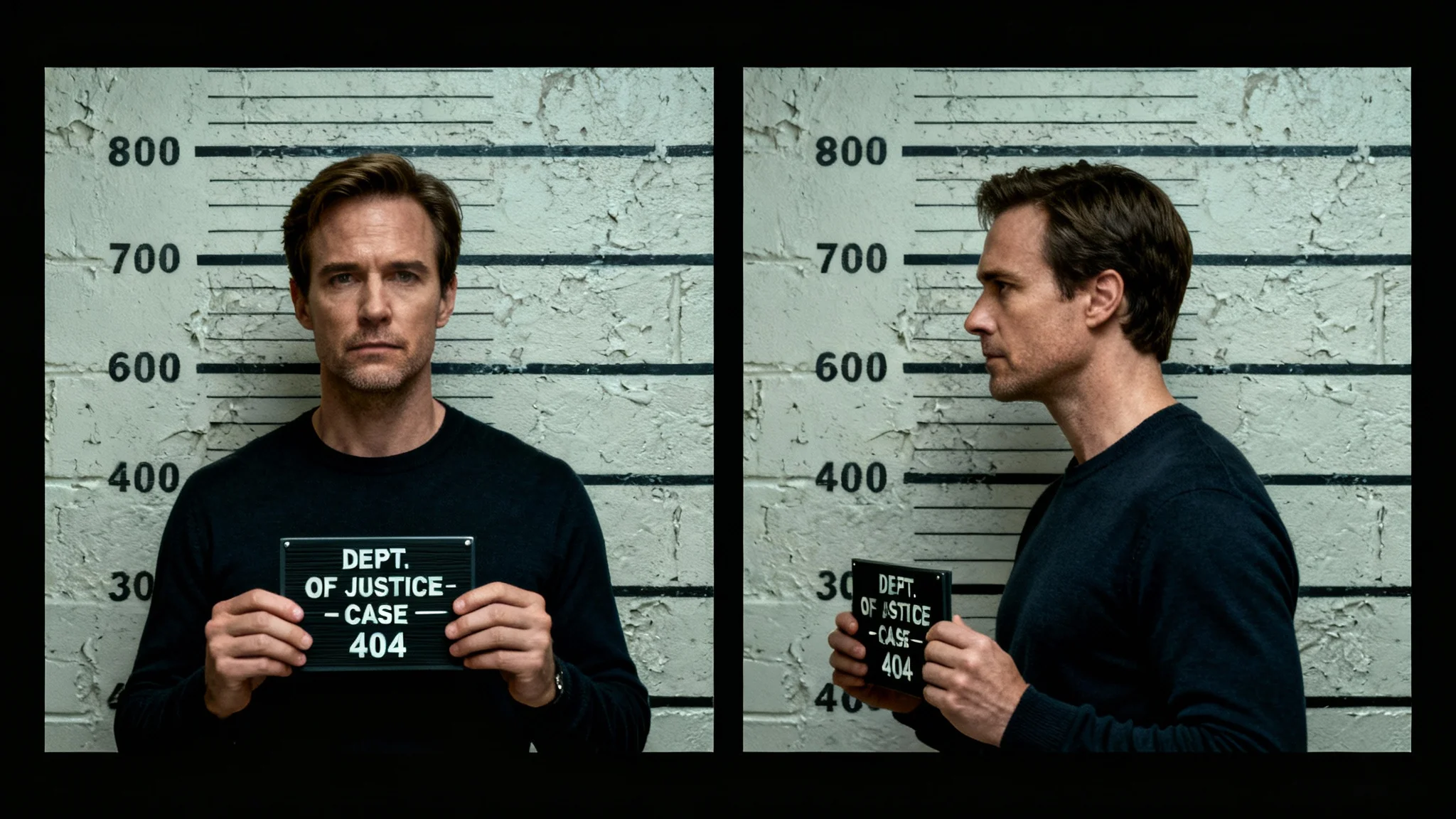 A dramatic diptych showing the front and side view of a person's mugshot against a police height chart, representing a final design output.