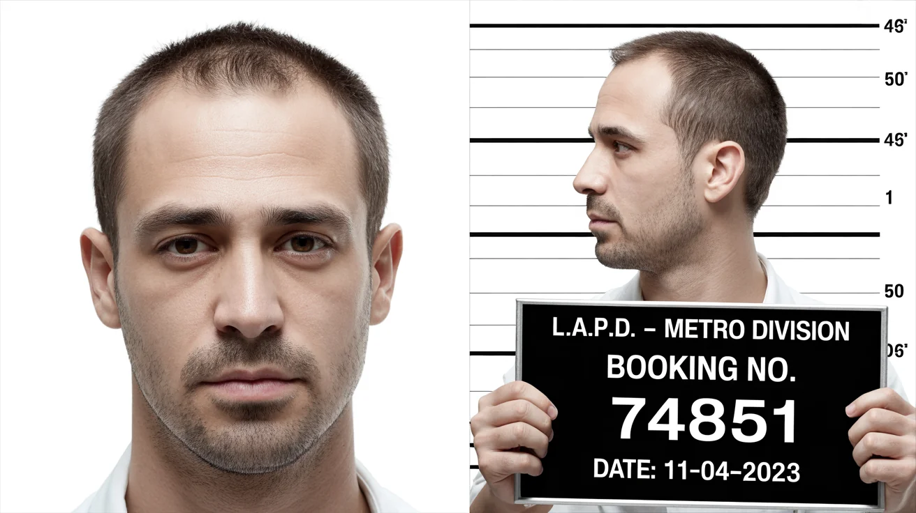 A realistic police mugshot mockup showing front and profile views of a man holding a booking placard against a height chart, all on a clean white background.