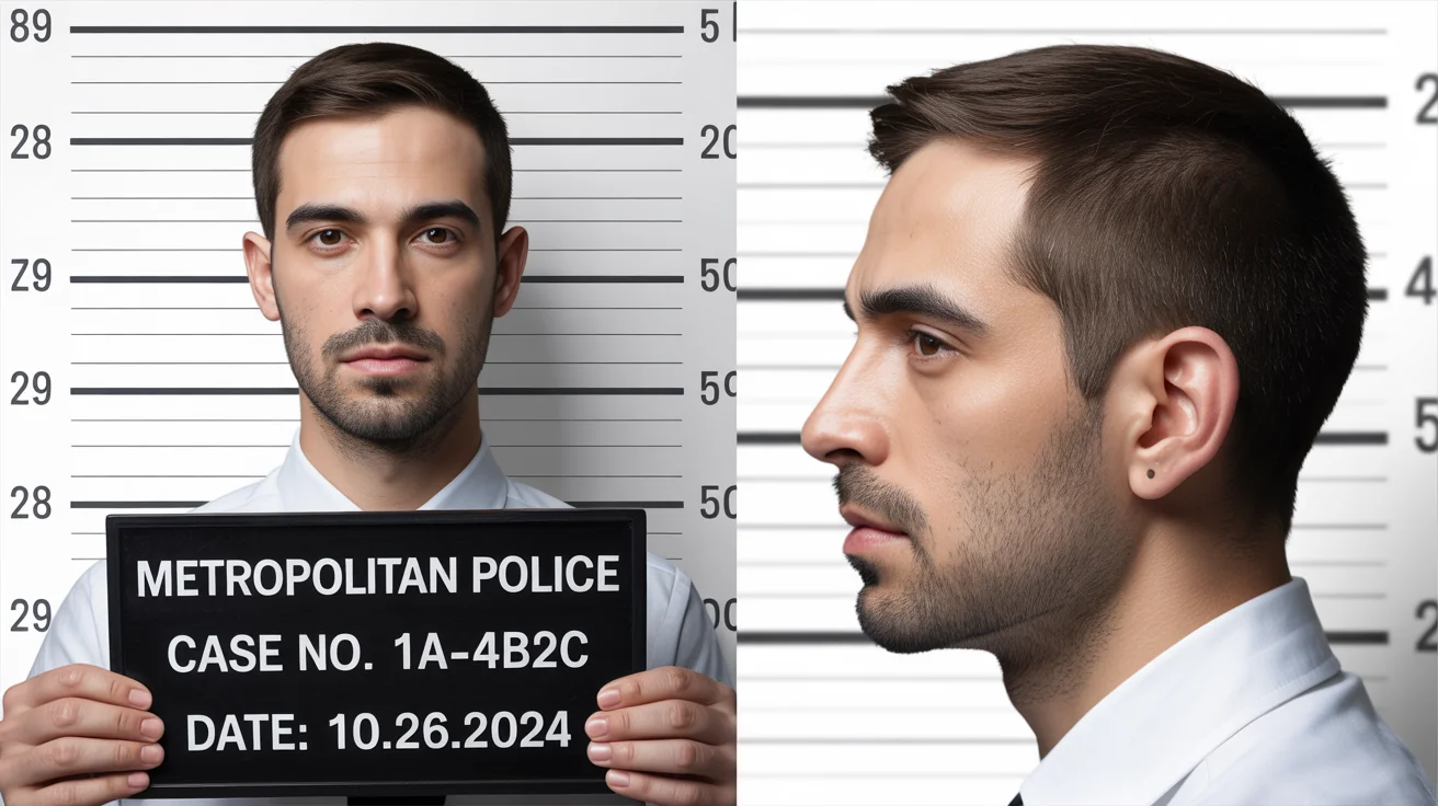 A stylized mockup of a police mugshot, featuring front and side profile photos of a man against a height chart. He is holding a placard with fictional case details.