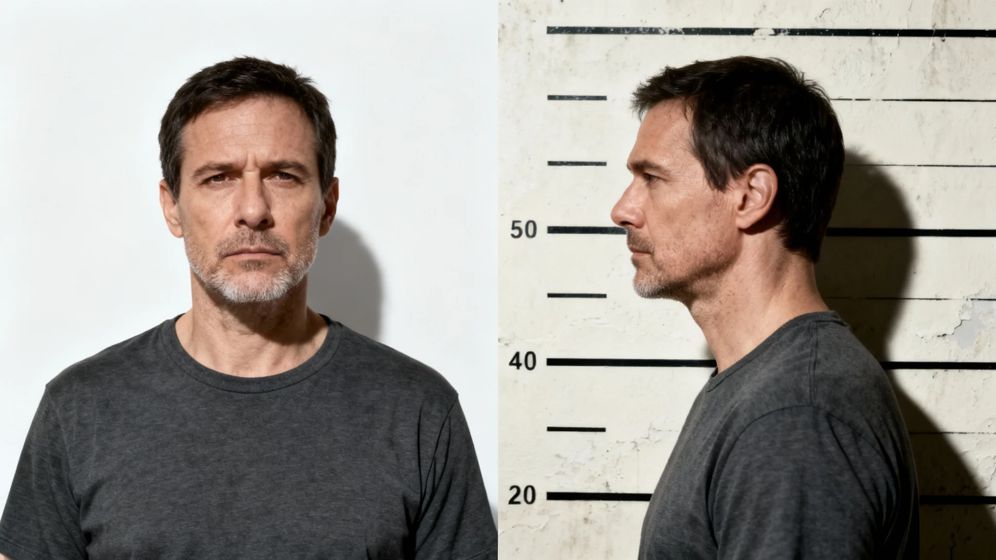A realistic diptych mugshot of a man, showing a front view and a profile view against a height chart background.