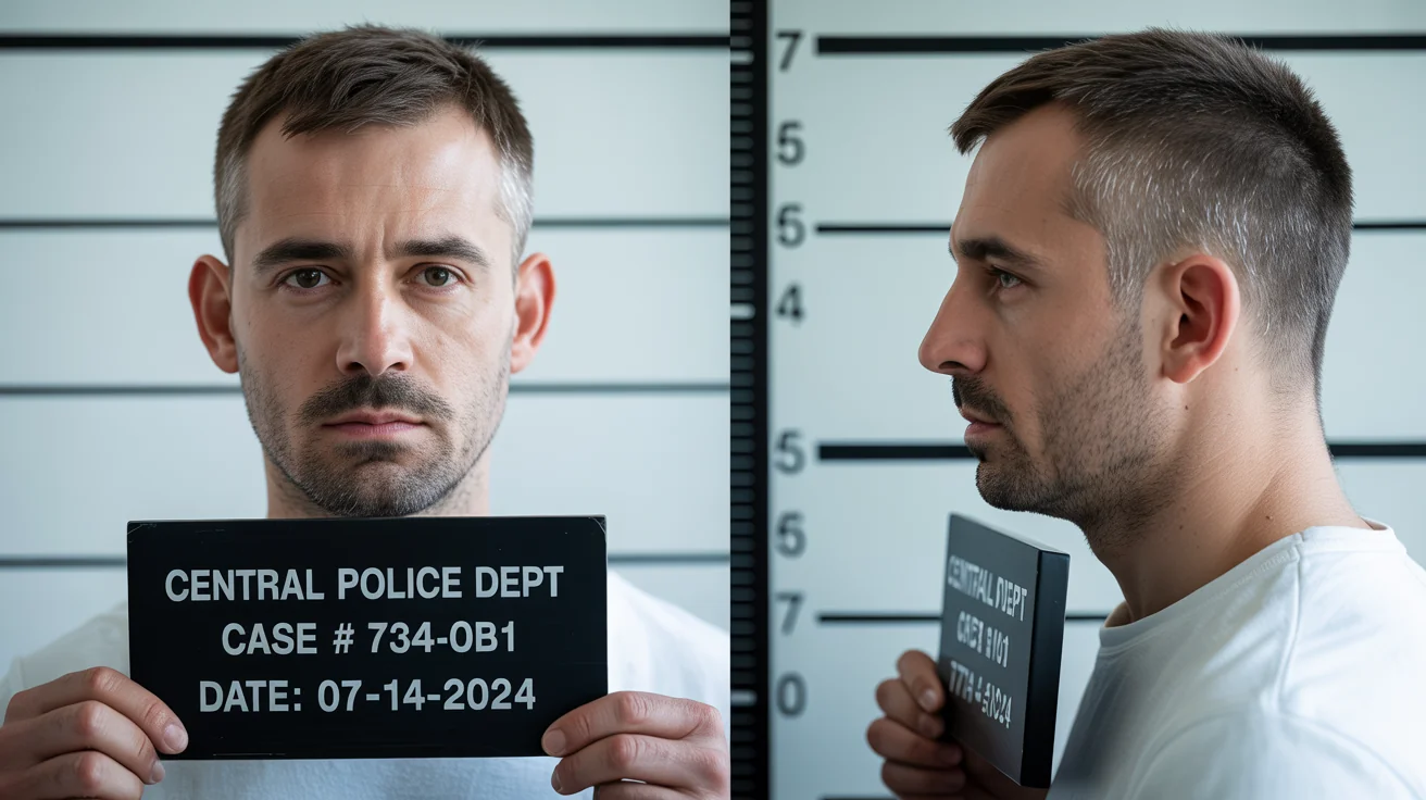 A side-by-side diptych mugshot of a man. The left photo shows him from the front holding a police placard. The right photo shows his profile. The background is a light gray wall with a height chart.