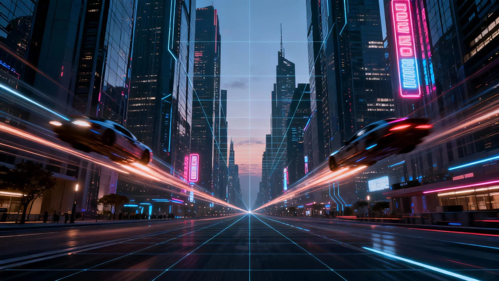 A stunning digital drawing of a futuristic cityscape at street level, demonstrating a perfect two-point perspective with towering skyscrapers and flying vehicles.