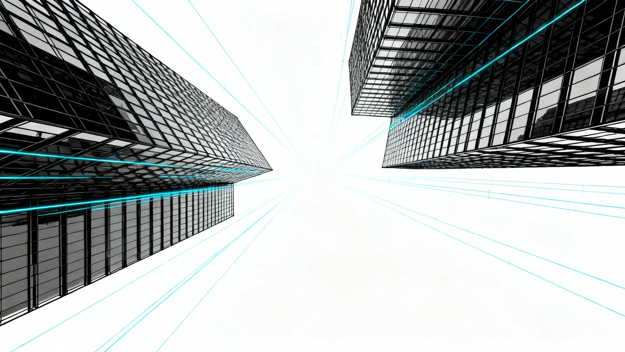 A technical architectural line drawing of a futuristic cityscape from a low angle, demonstrating two-point perspective with visible construction lines on a clean white background.