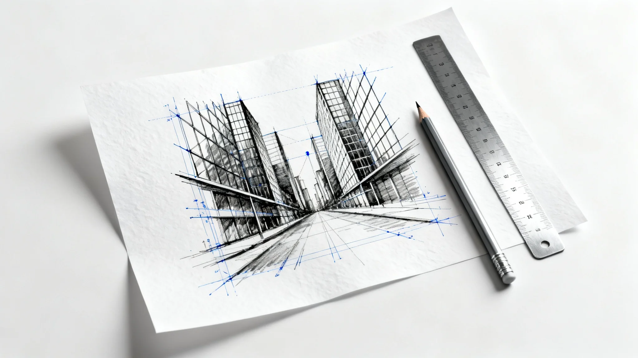 An architectural drawing of a city street in two-point perspective, displayed on a sheet of paper with a ruler and pencil nearby, set against a plain white background.