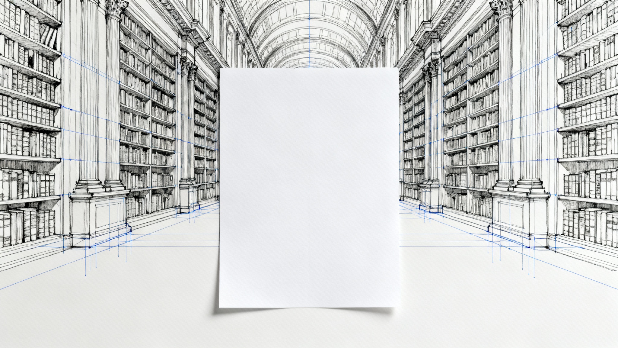 A black ink line drawing of a library interior demonstrating one-point perspective, with blue construction lines visible, on a clean white background.