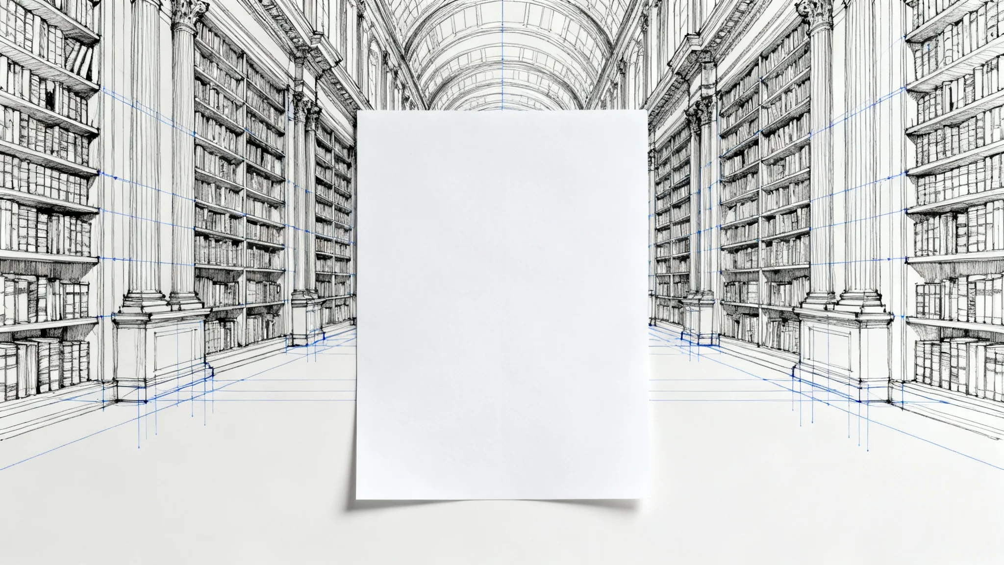 A black ink line drawing of a library interior demonstrating one-point perspective, with blue construction lines visible, on a clean white background.