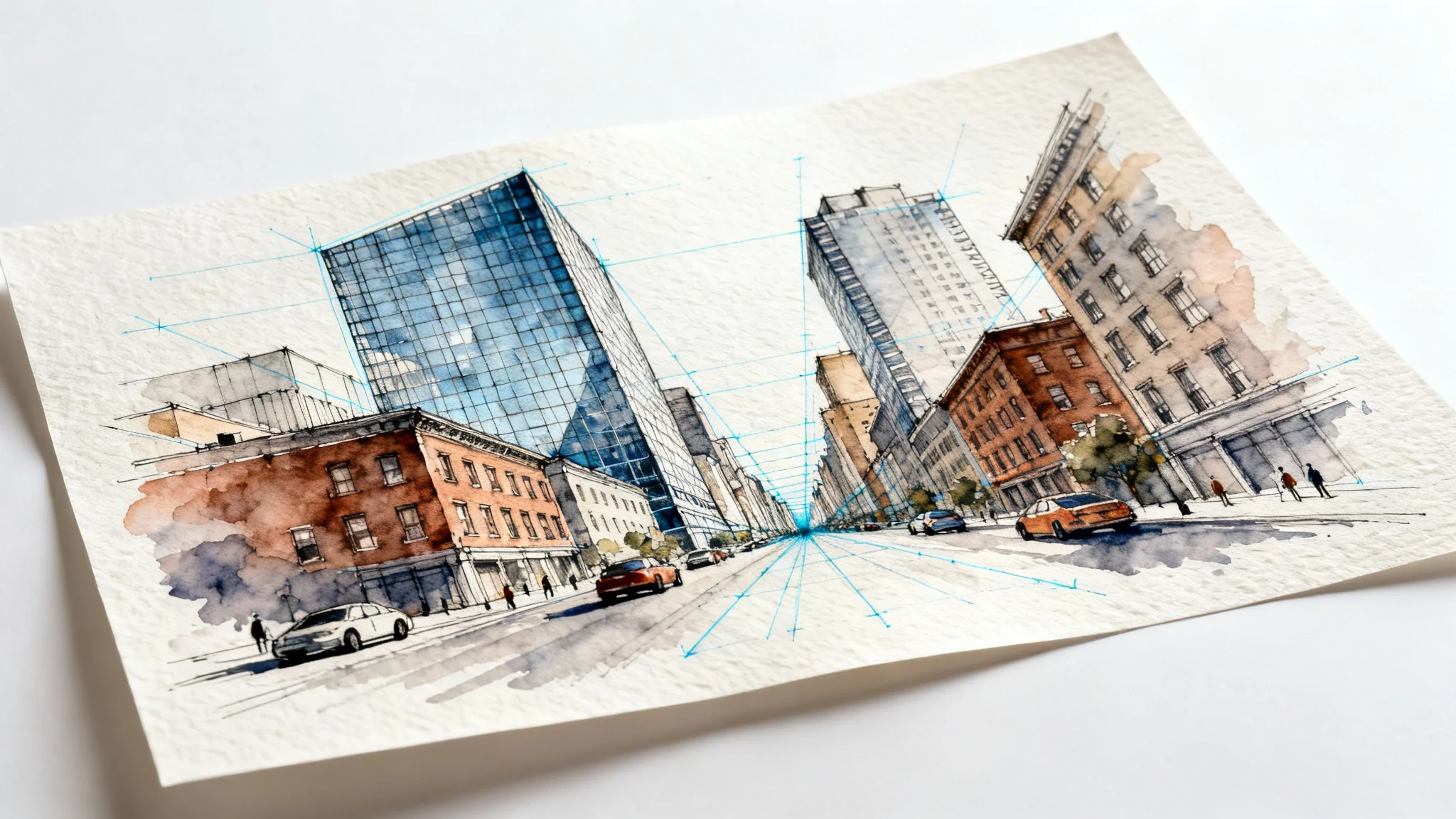 A detailed perspective drawing of a city street, rendered in ink and watercolor on a sheet of paper. Buildings and cars shrink as they recede to a single vanishing point, demonstrating the artistic technique.