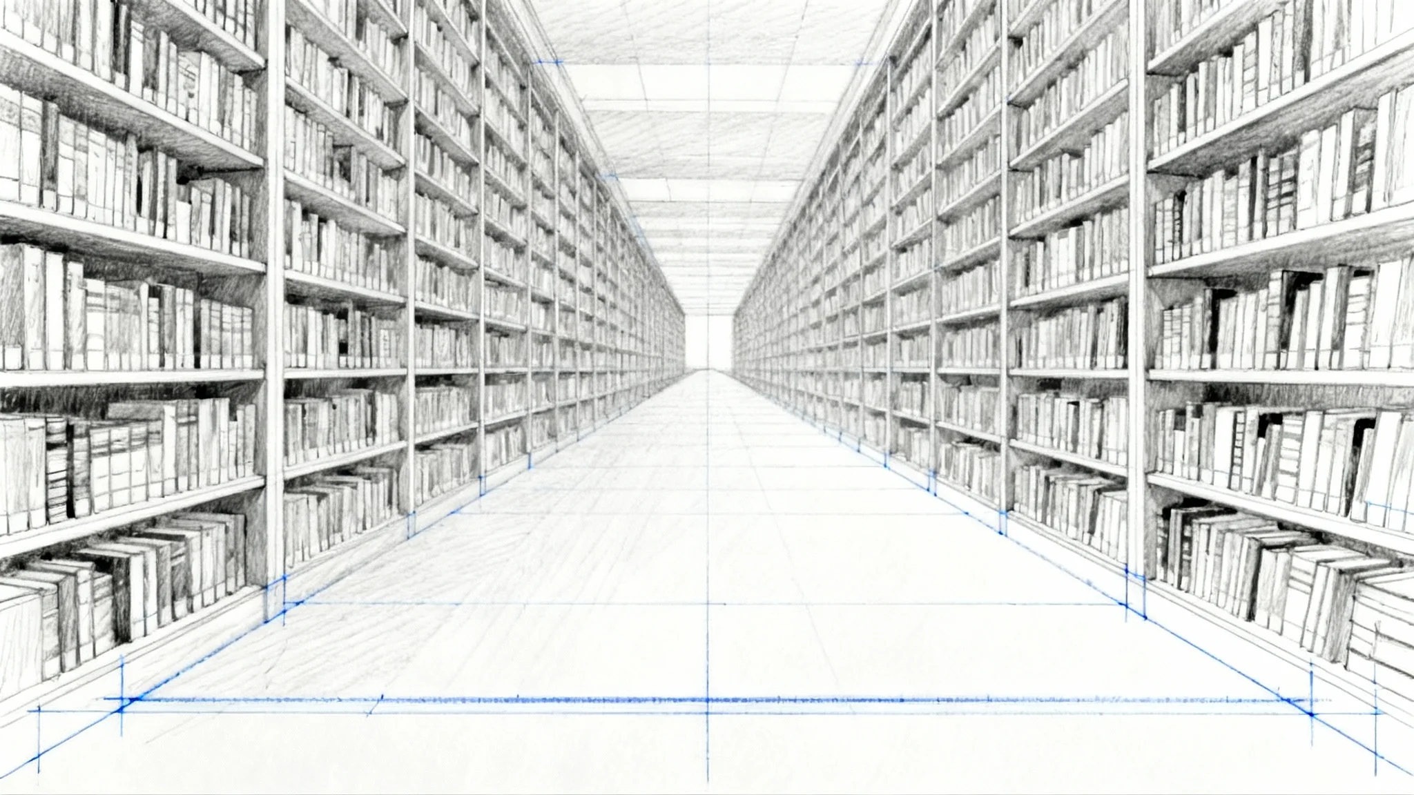An architectural perspective drawing of a grand library interior, laid on a white surface, with construction lines visible to show the technique.