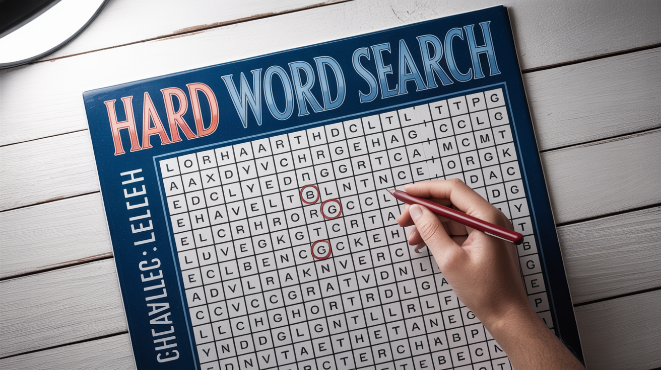 A top-down view of a partially completed hard word search puzzle titled 'HARD WORD SEARCH'. Several difficult words are circled in red on the grid, and the puzzle sheet rests on a clean desk.