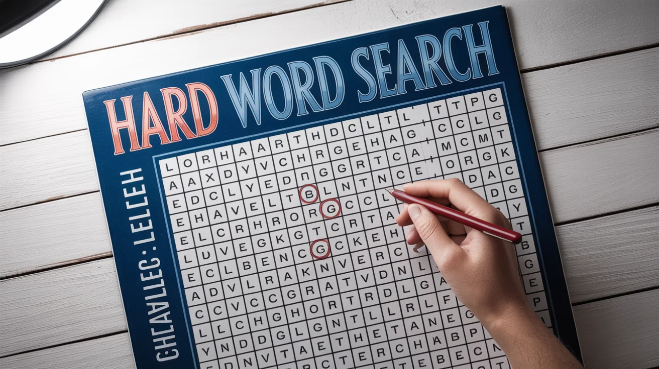 A top-down view of a partially completed hard word search puzzle titled 'HARD WORD SEARCH'. Several difficult words are circled in red on the grid, and the puzzle sheet rests on a clean desk.