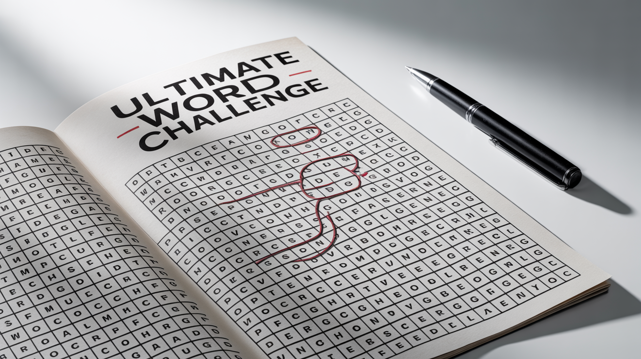 A photorealistic mockup of a very hard word search puzzle on a white sheet of paper, with several long words circled in red to show a challenge being solved.