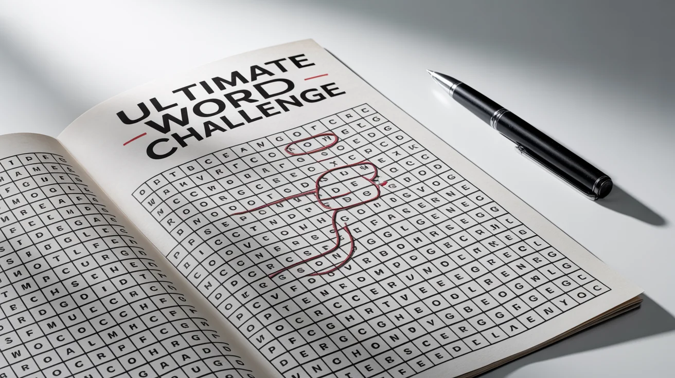A photorealistic mockup of a very hard word search puzzle on a white sheet of paper, with several long words circled in red to show a challenge being solved.