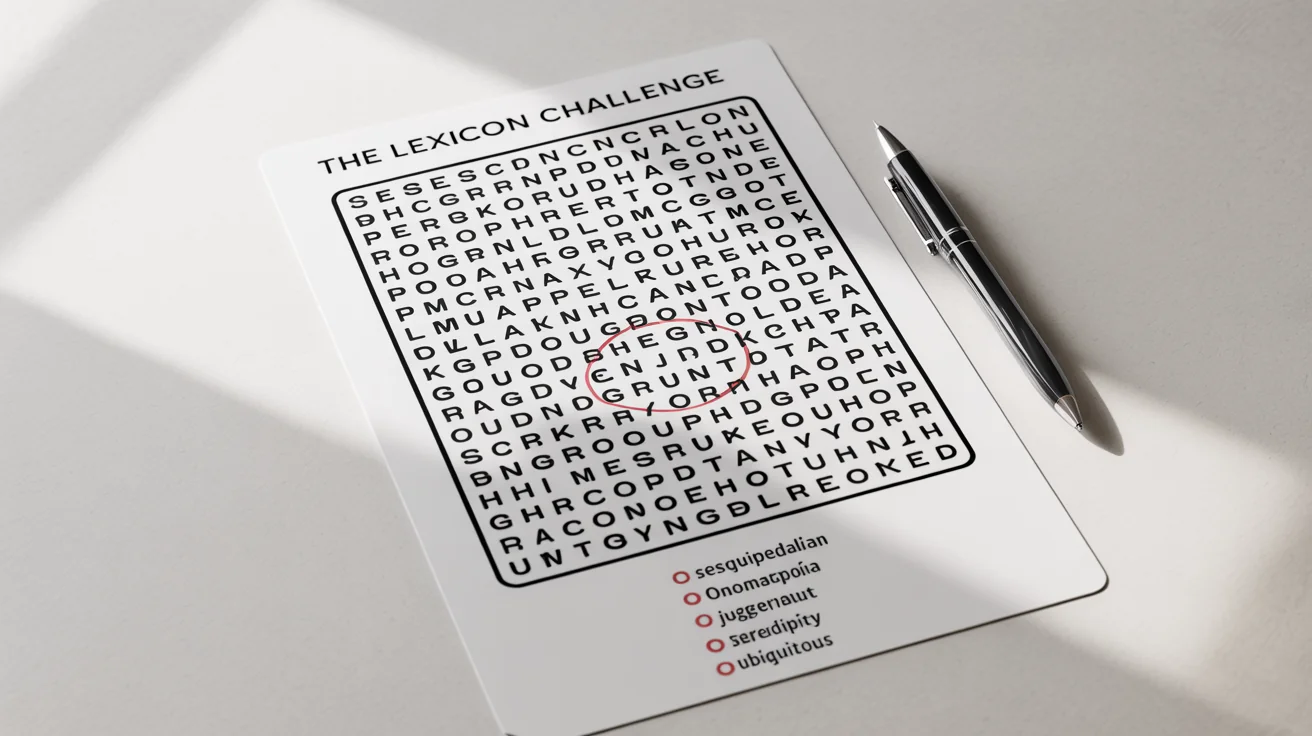 A photorealistic mockup of a very hard word search puzzle on a sheet of paper against a white background, with a long list of difficult words and one word circled in red.