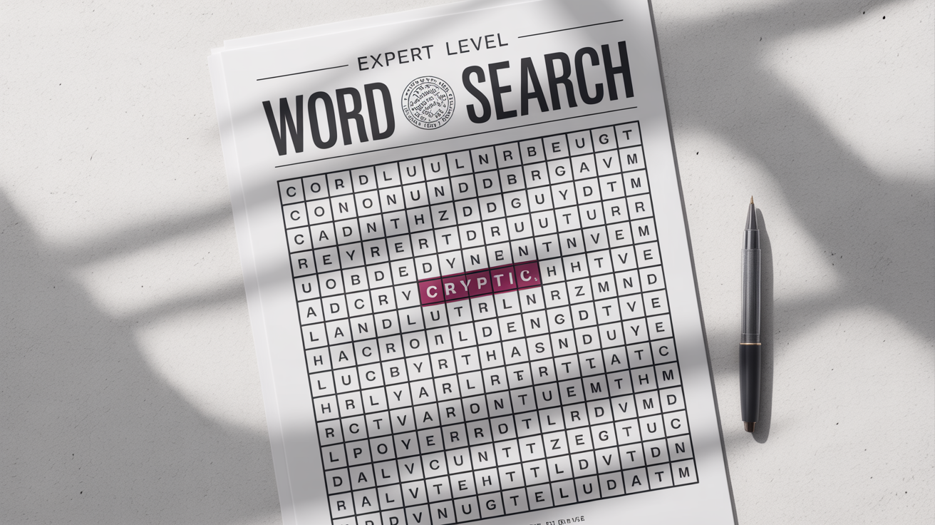 A top-down photo of a challenging word search puzzle titled 'Expert Level Word Search' on a sheet of paper. One word is circled in red, and a black pen lies next to it on a clean white background.