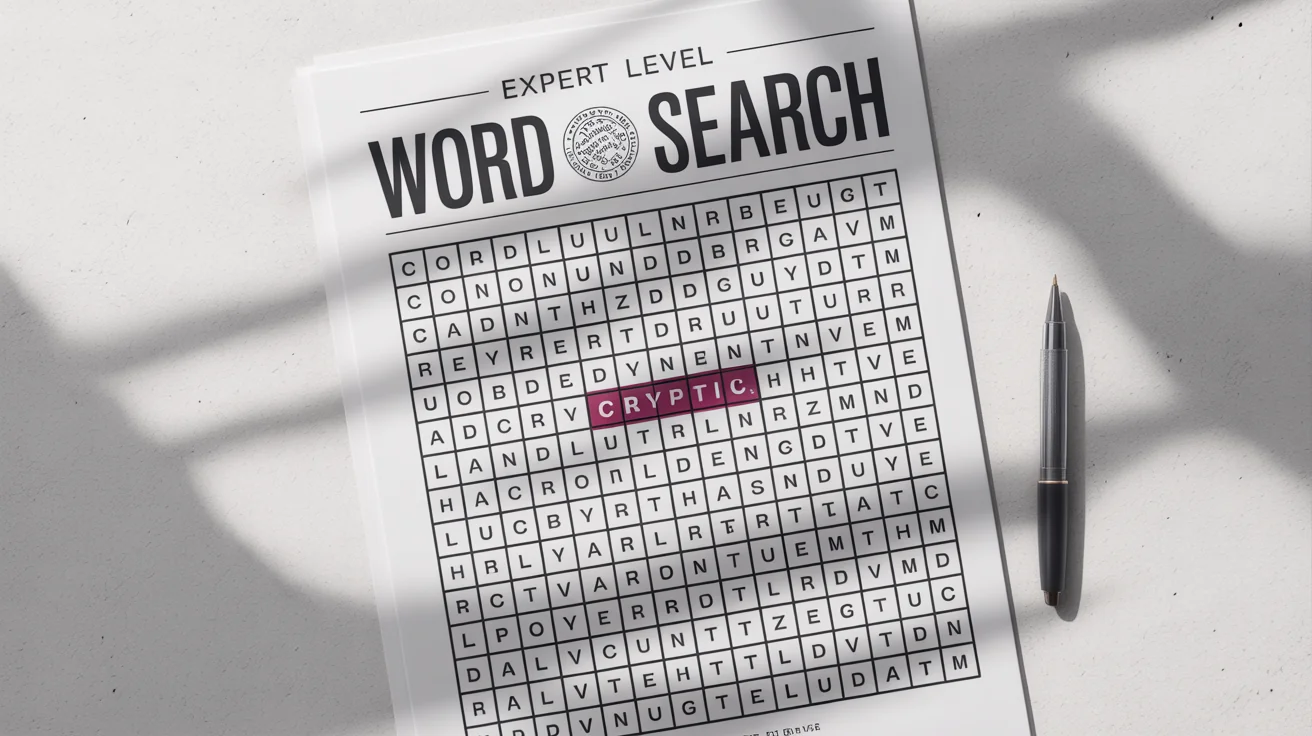 A top-down photo of a challenging word search puzzle titled 'Expert Level Word Search' on a sheet of paper. One word is circled in red, and a black pen lies next to it on a clean white background.