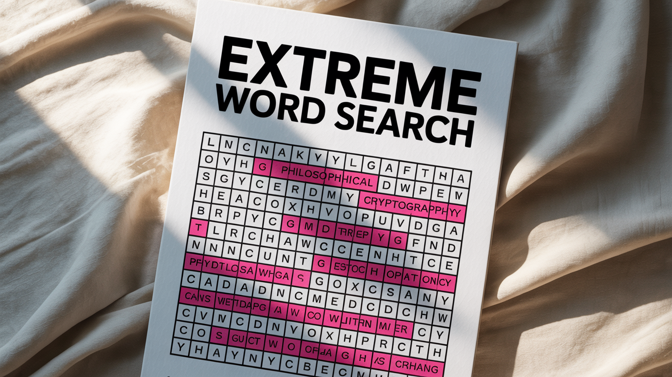 A mockup of a hard word search puzzle titled 'EXTREME WORD SEARCH' on a white background, with several complex words circled in red.