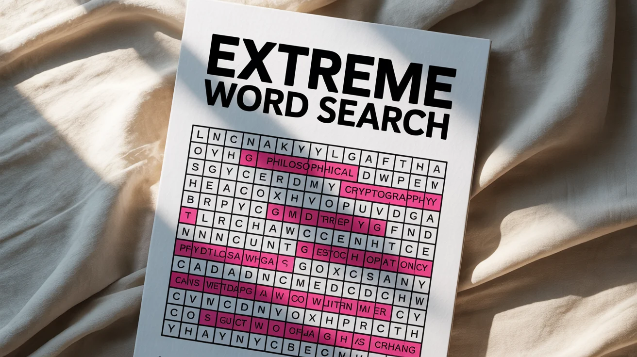 A mockup of a hard word search puzzle titled 'EXTREME WORD SEARCH' on a white background, with several complex words circled in red.